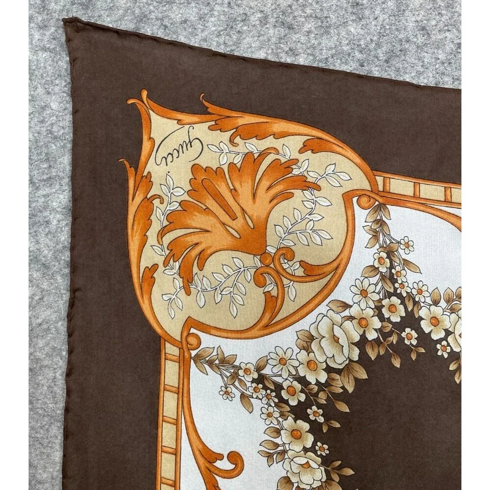 Vintage Gucci Silk Scarf Brown Orange White Floral Logo Hand Rolled Italy 33x33